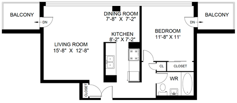 Floor plan for 1 bed, 1 bath, 776 sqft