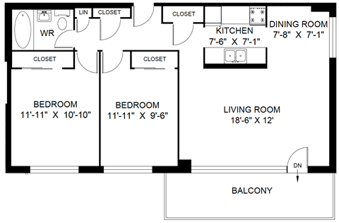 Floor plan for 2 beds, 1 bath, 836 sqft