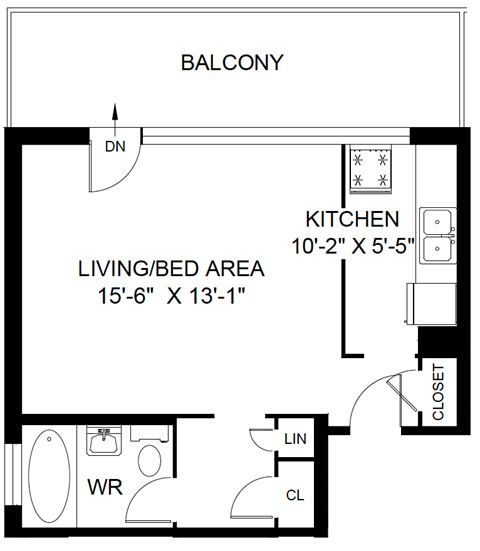 Floor plan for studio, 1 bath, 543 sqft