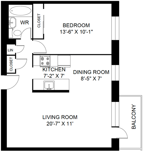Floor plan for 1 bed, 1 bath, 616 sqft