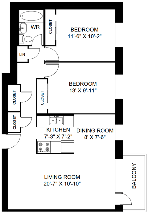 Floor plan for 2 beds, 1 bath, 900 sqft