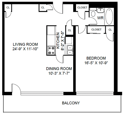 Floor plan for 1 bed, 1 bath, 884 sqft