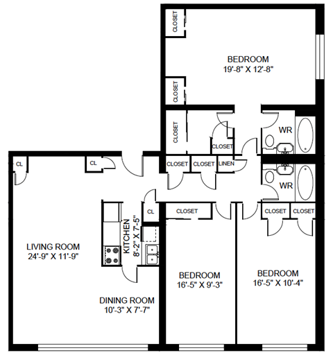 Floor plan for 3 beds, 2 baths