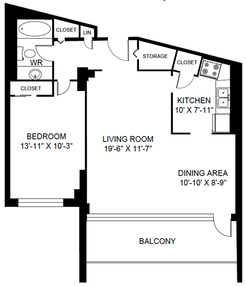 Floor plan for 1 bed, 1 bath, 954 sqft