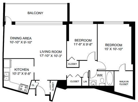 Floor plan for 2 beds, 1 bath, 1044 sqft