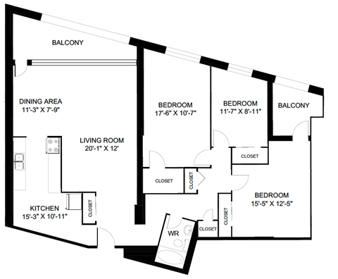 Floor plan for 3 beds, 1 bath, 1552 sqft