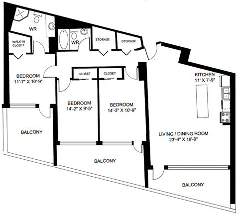 Floor plan for 3 beds, 2 baths