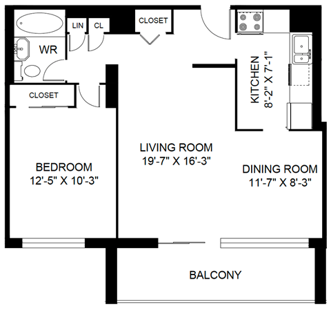 Floor plan for 1 bed, 1 bath, 828 sqft