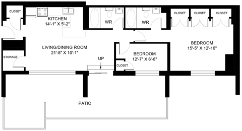 Floor plan for 2 beds, 2 baths, 1073 sqft