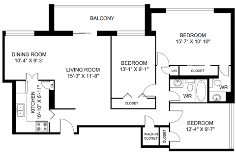 Floor plan for 3 beds, 2 baths, 1246 sqft