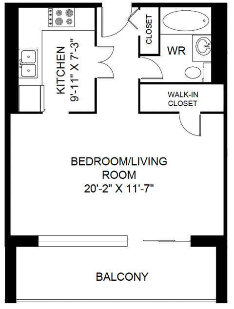 Floor plan for studio, 1 bath, 589 sqft