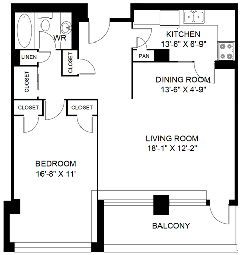 Floor plan for 1 bed, 1 bath, 714 sqft