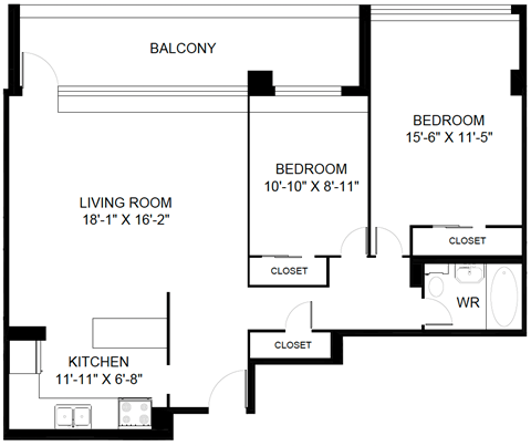 Floor plan for 2 beds, 1 bath, 910 sqft