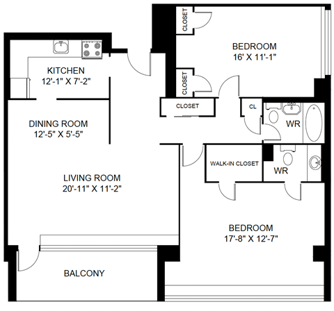Floor plan for 2 beds, 2 baths, 1267 sqft