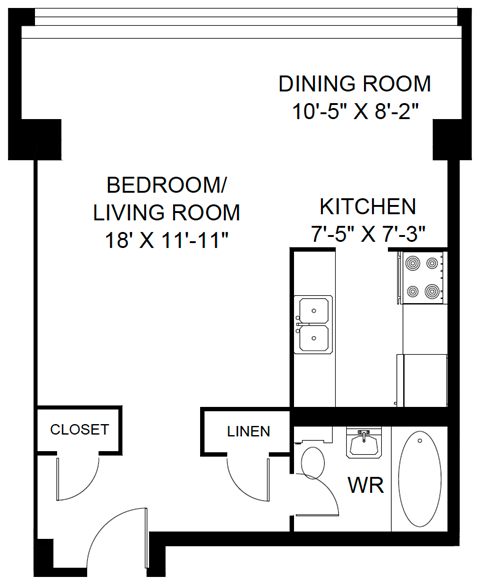 Floor plan for studio, 1 bath, 533 sqft