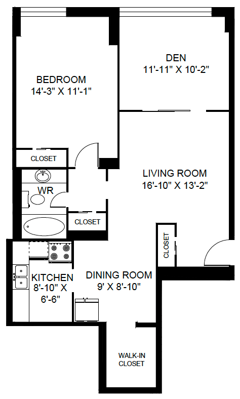 Floor plan for 1 bed, 1 bath, 731 sqft