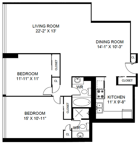 Floor plan for 2 beds, 2 baths, 1143 sqft