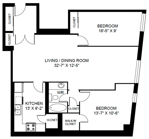Floor plan for 2 beds, 1 bath, 1129 sqft