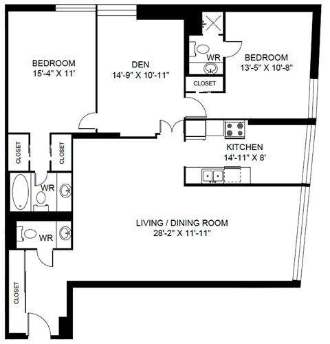 Floor plan for 3 beds, 2 baths, 1396 sqft