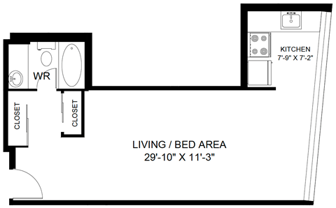 Floor plan for studio, 1 bath, 499 sqft