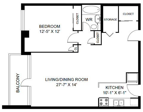 Floor plan for 1 bed, 1 bath, 783 sqft