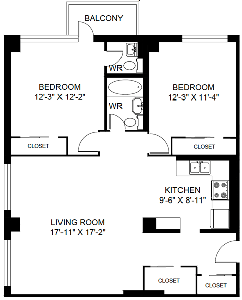 Floor plan for 2 beds, 1 bath, 1166 sqft