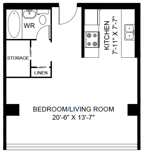 Floor plan for studio, 1 bath, 482 sqft