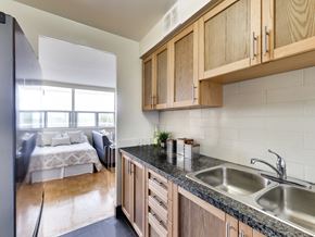 Toronto apartment for rent - A kitchen with wooden cabinets and a black countertop.