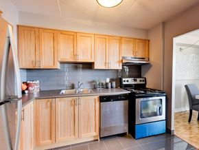 Mississauga apartment for rent - a kitchen with wooden cabinets and stainless steel appliances