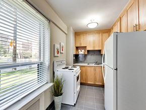 Toronto apartment for rent - a kitchen with white appliances and wood cabinets and a large window
