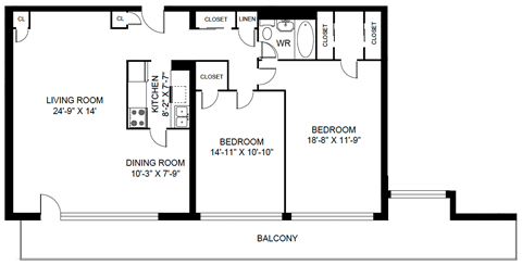 Floor plan for 2 beds, 1 bath, 1524 sqft