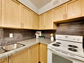 Toronto apartment for rent - a kitchen with white appliances and granite counter tops