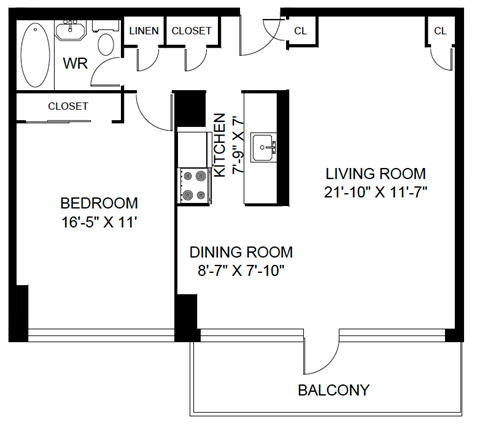 Floor plan for 1 bed, 1 bath, 845 sqft