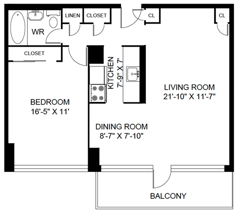 Floor plan for 1 bed, 1 bath, 789 sqft
