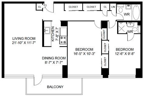 Floor plan for 2 beds, 1 bath, 1045 sqft