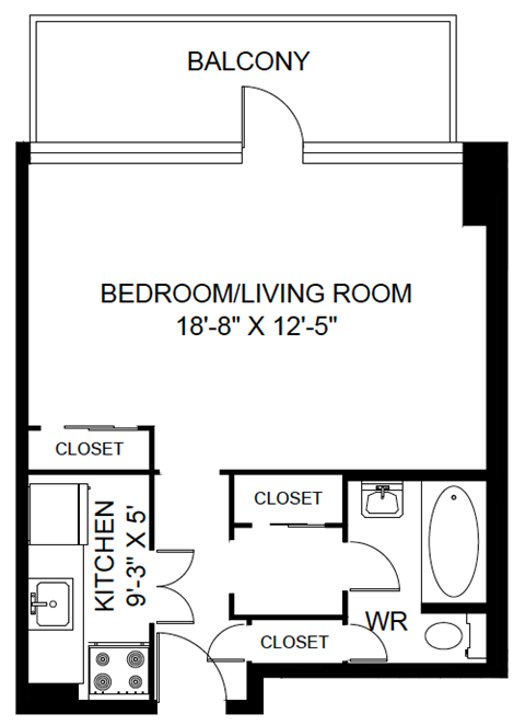 Floor plan for studio, 1 bath, 657 sqft