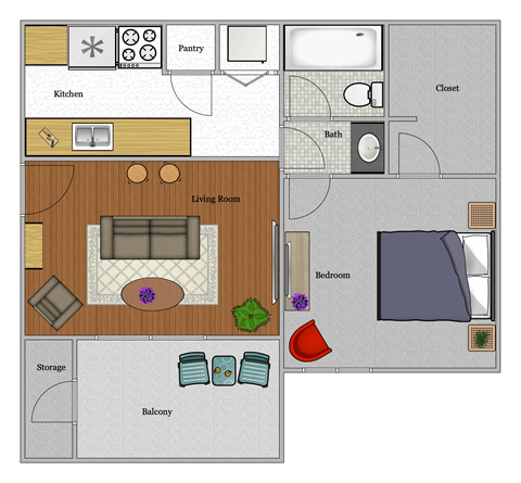 Floor plan for 1 bed, 1 bath, 421 sqft