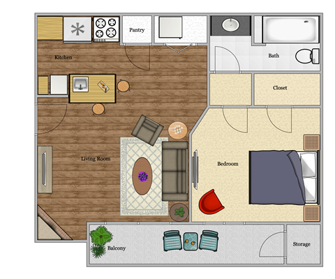 Floor plan for 1 bed, 1 bath, 434 sqft