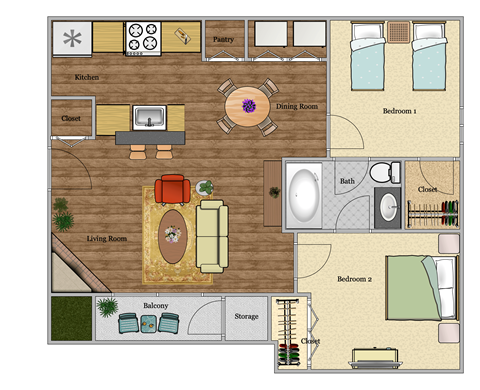 Floor plan for 2 beds, 1 bath, 660 sqft