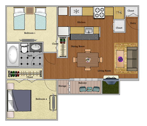 Floor plan for 2 beds, 1 bath, 666 sqft