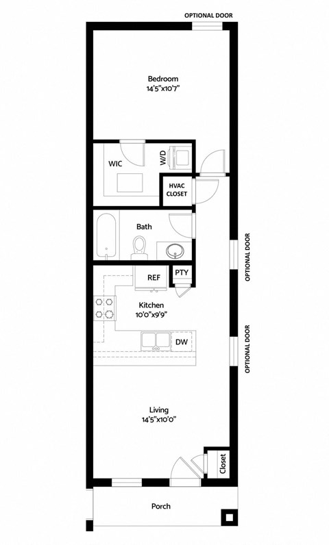 Floor plan for 1 bed, 1 bath, 684 sqft