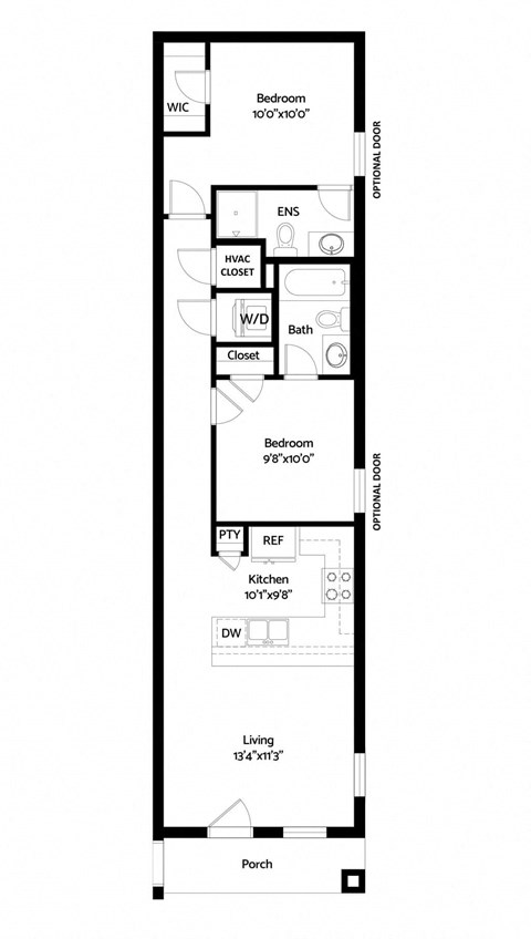 Floor plan for 1 bed, 2 baths, 775 sqft