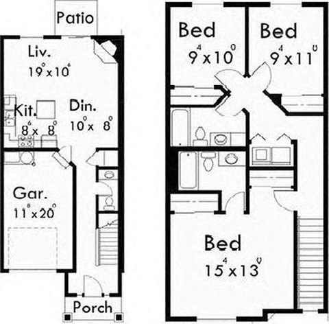Floor plan for 3 beds, 2.5 baths, 1366 sqft