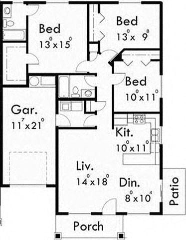Floor plan for 3 beds, 2 baths, 1265 sqft