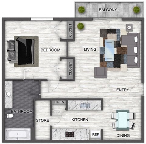Floor plan for 1 bed, 1 bath, 710 sqft