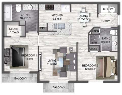 Floor plan for 2 beds, 2 baths, 958 sqft