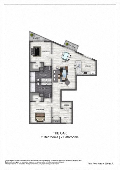 Floor plan for 2 beds, 2 baths, 990 sqft