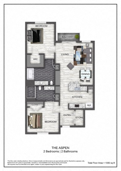 Floor plan for 2 beds, 2 baths, 1060 sqft
