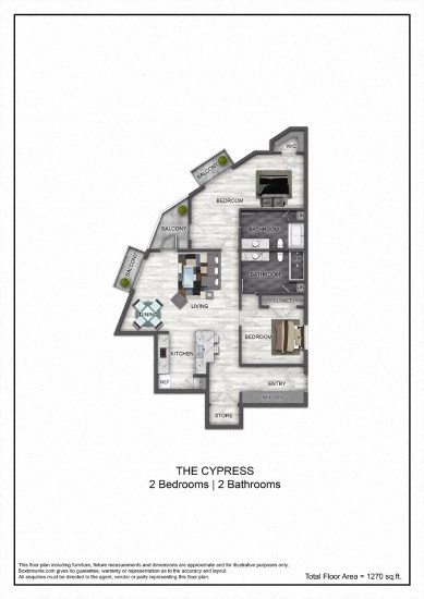Floor plan for 2 beds, 2 baths, 1270 sqft