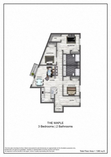 Floor plan for 3 beds, 2 baths, 1380 sqft